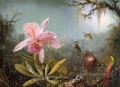 Cattelya Orchidee und drei brasilianische Kolibris romantischen Blume Martin Johnson Heade
